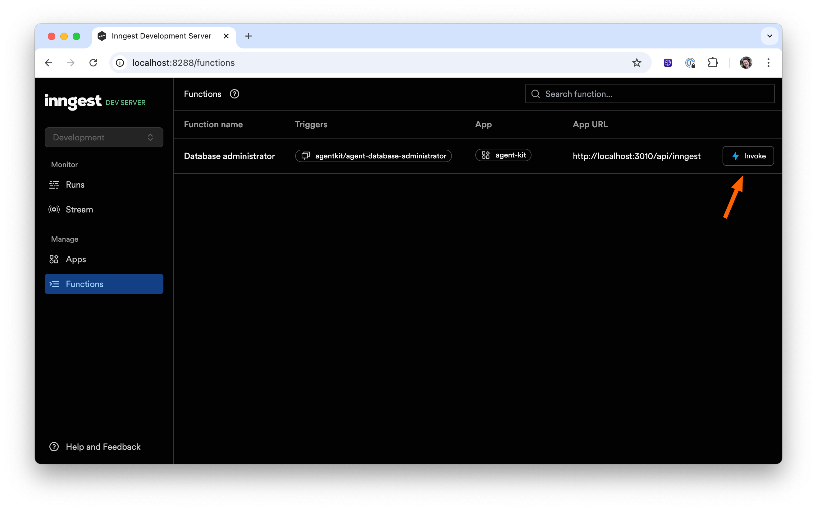 Inngest Dev Server function list